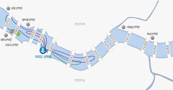 한강크루즈 운행코스를 지도로 나타낸 그림