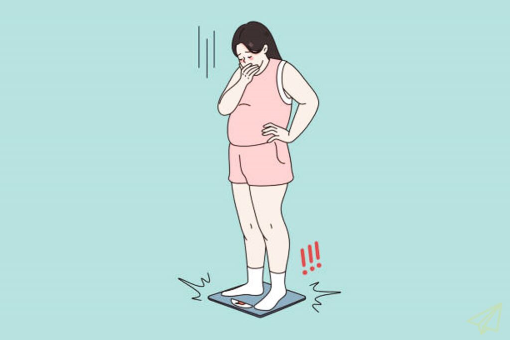 여자가 체중계 위에 서서 놀라는 모습