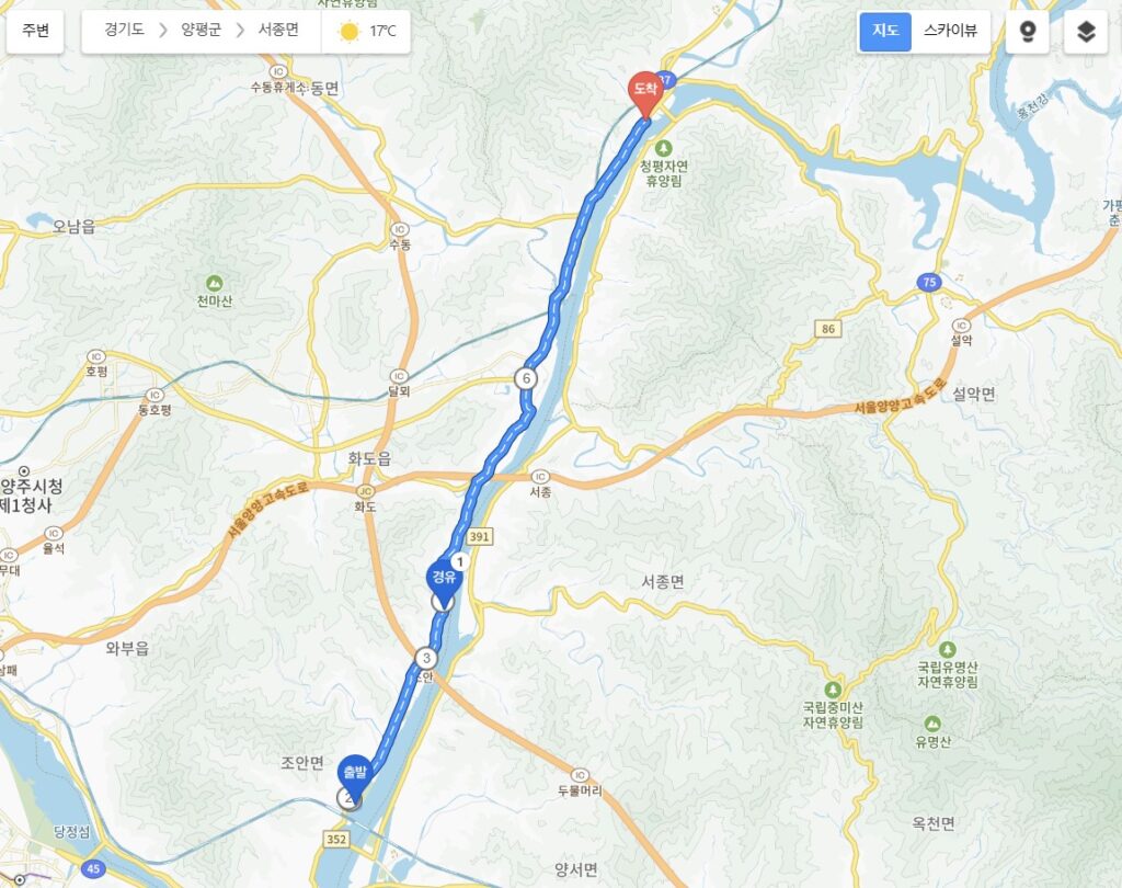 구글지도에서 북한강의 드라이브 코스를 표시한 지도