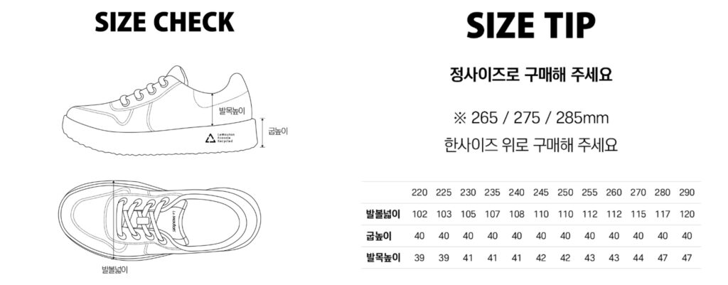 르무통 운동화 사이즈 정리표