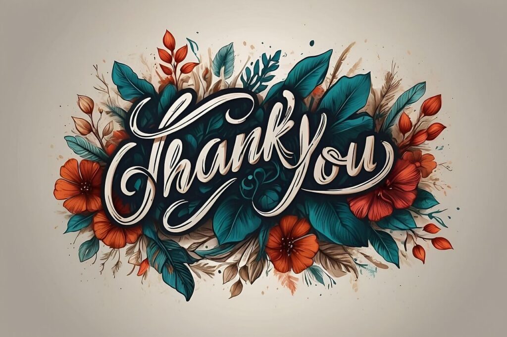 흘림체로 Thank you 라는 글자가 꽃이미지 위에 있다