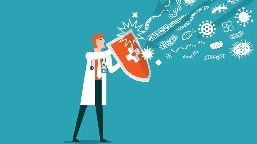 의사가 방패로 바이러스를 막고 있는 모습