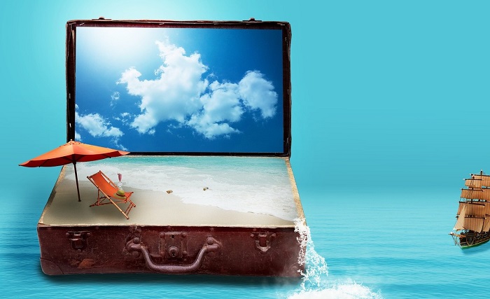 백사장에 캠핑의자와 파라솔의 모습을 축소해서 표현