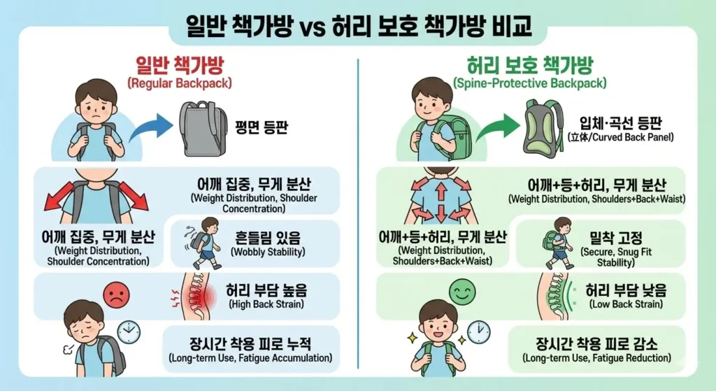 일반 책가방과 허리 보호 책가방의 실질적 기능 비교를 그림으로 설명