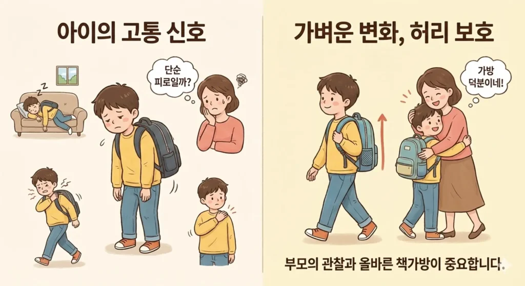 가방이 무거운 아이가 힘들어하는 모습과 그렇지 않은 아이의 밝은 모습 비교
