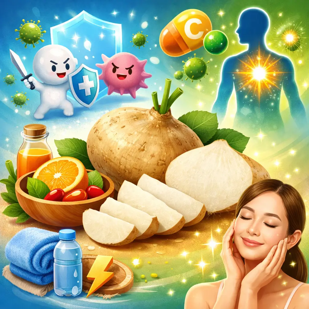 히카마의 자른 모습과, 먹었을 때 피부가 좋아지는 느낌을 주는 여성