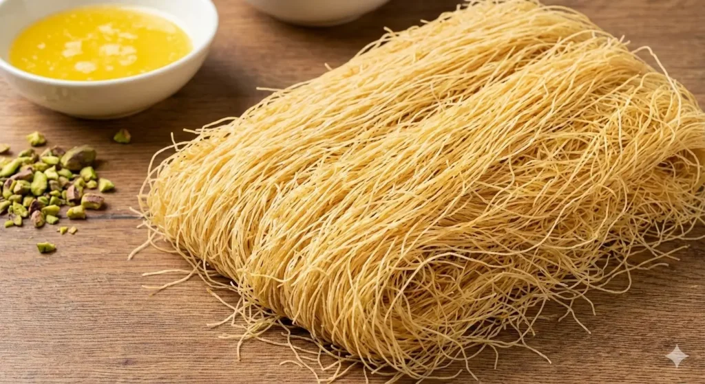 카다이프 면을 아주 가늘게 뽑아내서 뭉쳐 있는 상태