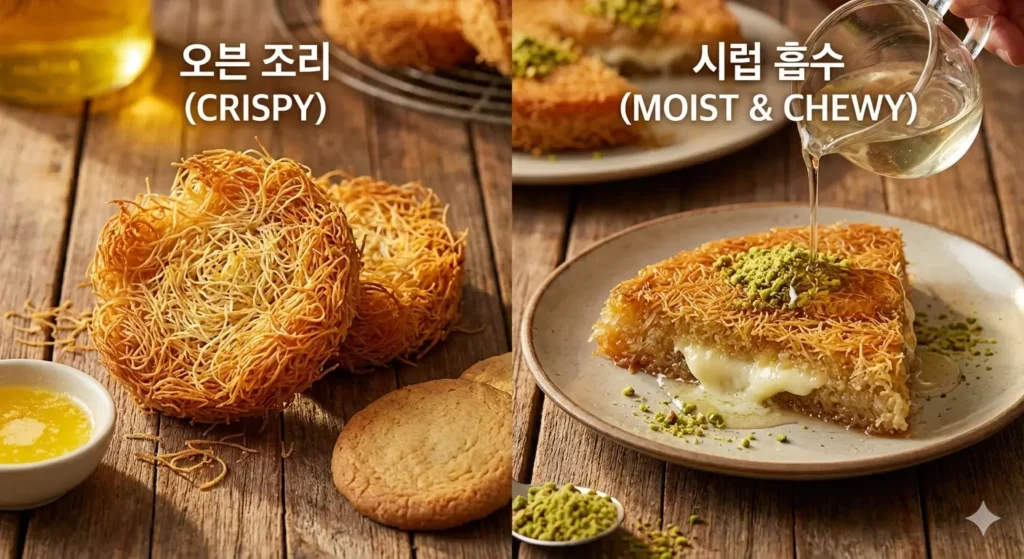 오븐조리와 시럽흡수를 했을때의 면 상태를 나타낸 사진