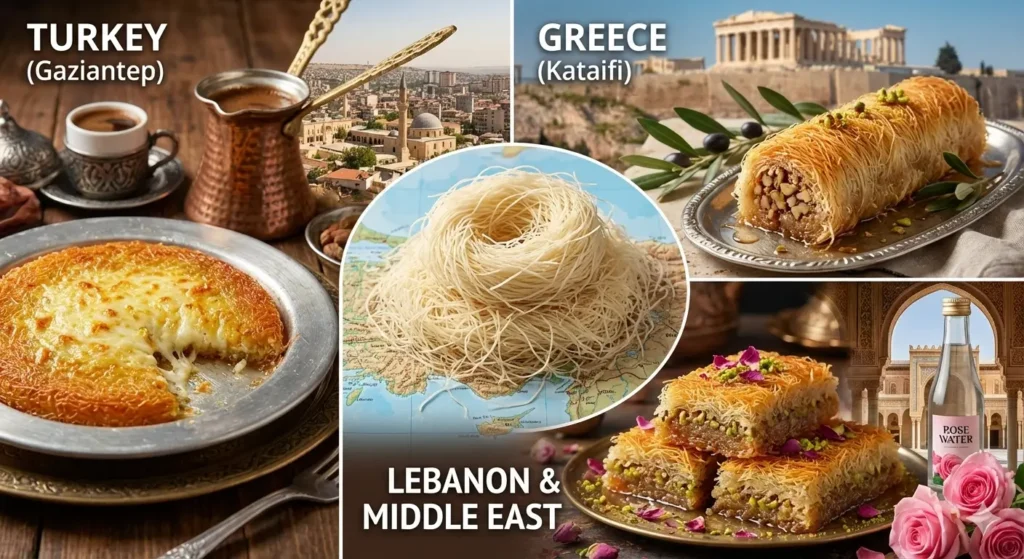 터키, 그리스, 레바논 각각 카다이프로 만든 대표 요리를 나타낸 사진