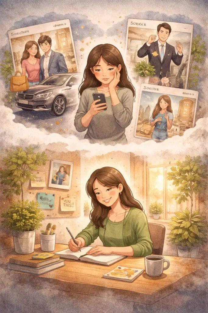 SNS를 보고 부러워 하는 모습과 열심히 집중하면서 좋아하는 대조적인 모습