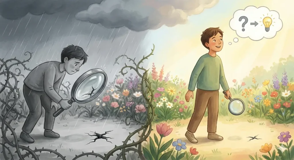 돋보기로 부정적인 것을 찾는 사람과 하늘을 보고 깨달음을 얻는 사람