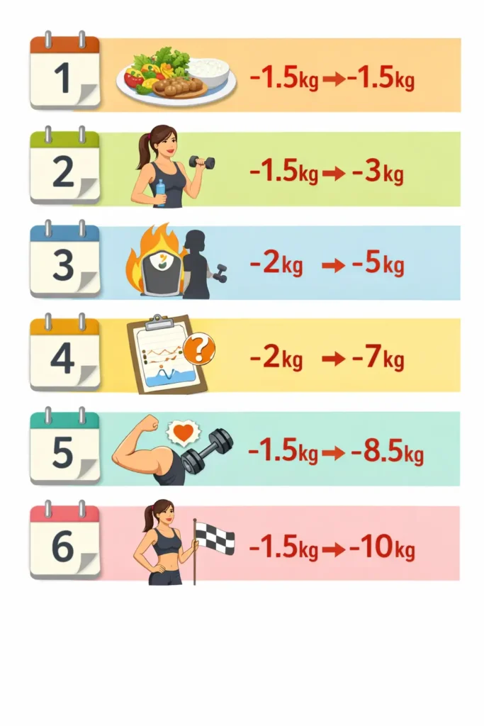 1개월차부터 6개월차까지 각각의 단계별로 목표감량과 누적감량을 나타낸 그림