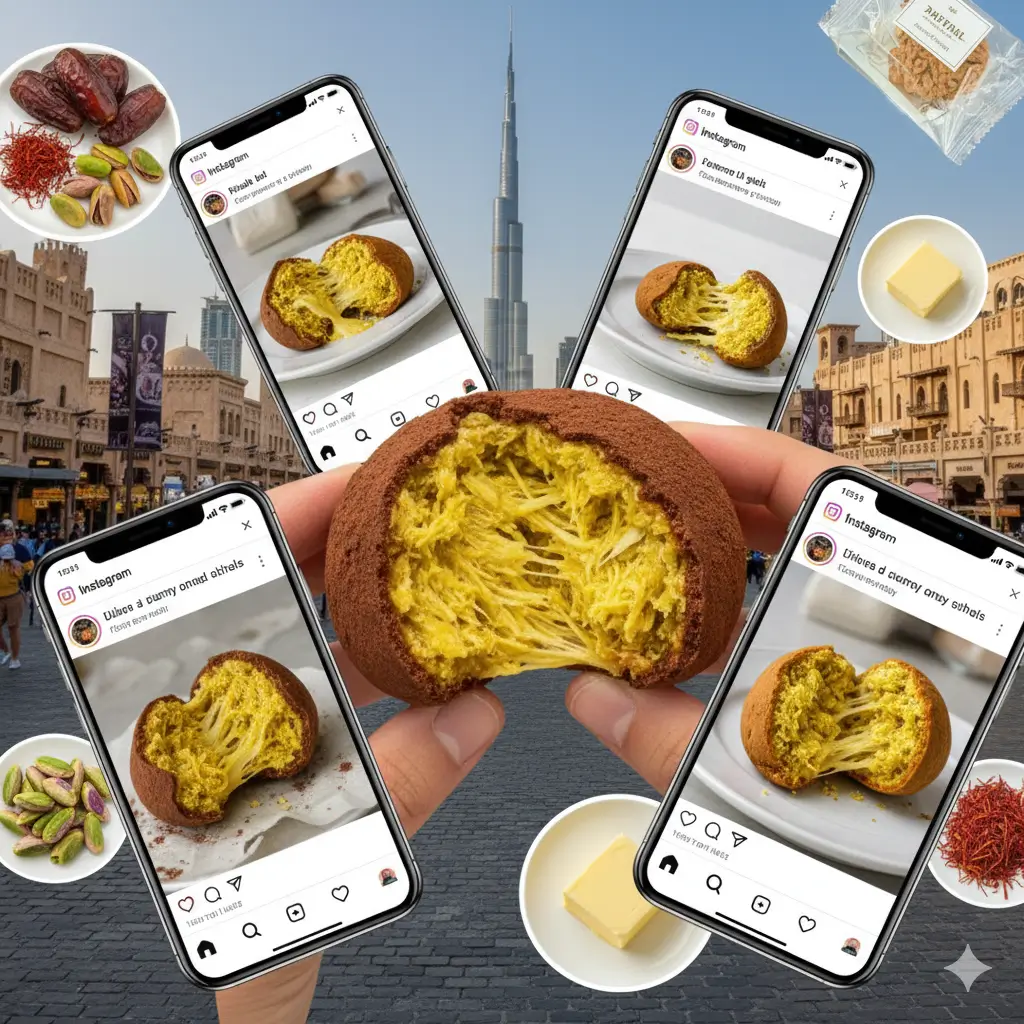 두바이쫀득쿠키를 맛있는 모습을 핸드폰 SNS에 올리는 모습