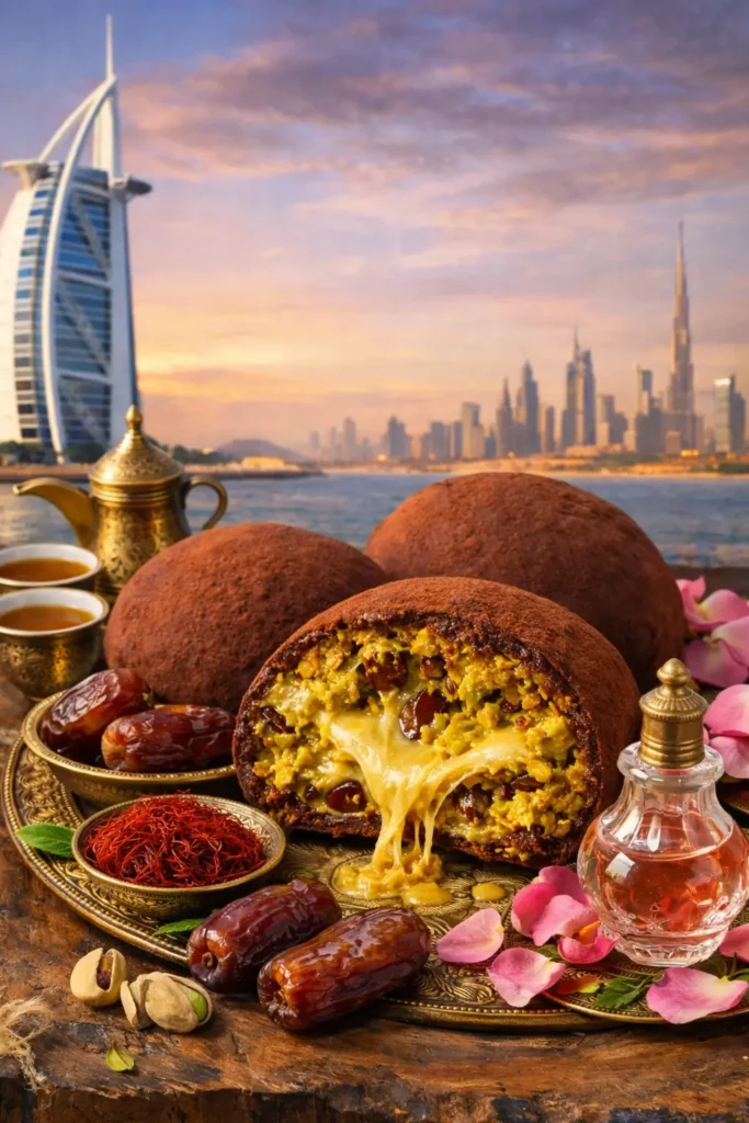두바이 5성급호텔을 배경으로 두바이쫀득쿠키가 담겨진 접시