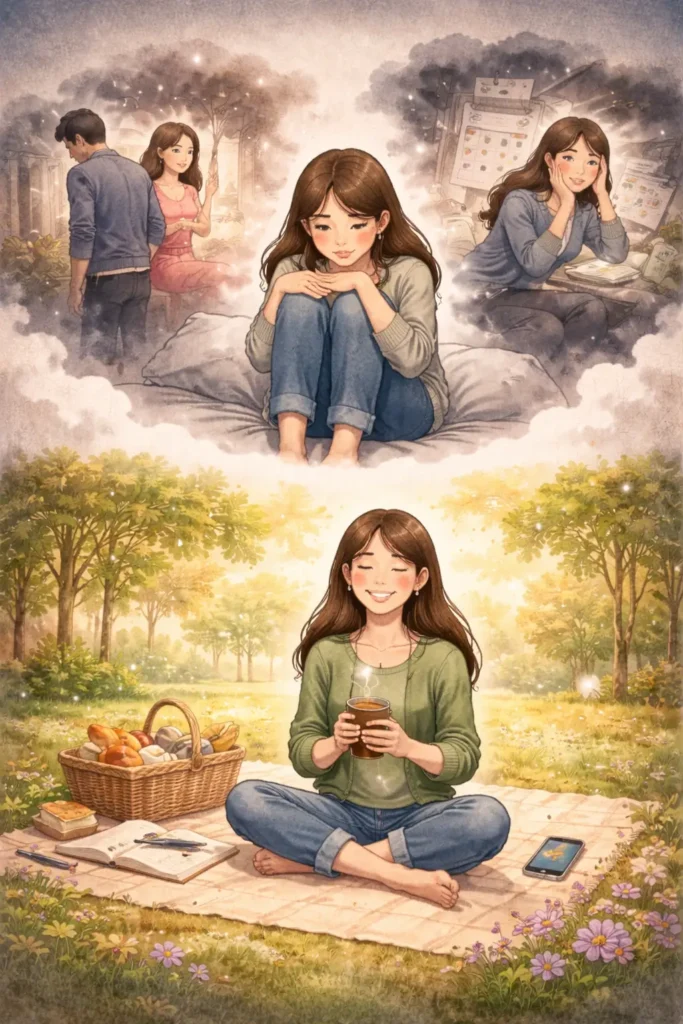 과거에 집착해서 괴로워하는 모습과 현재에 집중하고 행복해하는 대조적인 모습