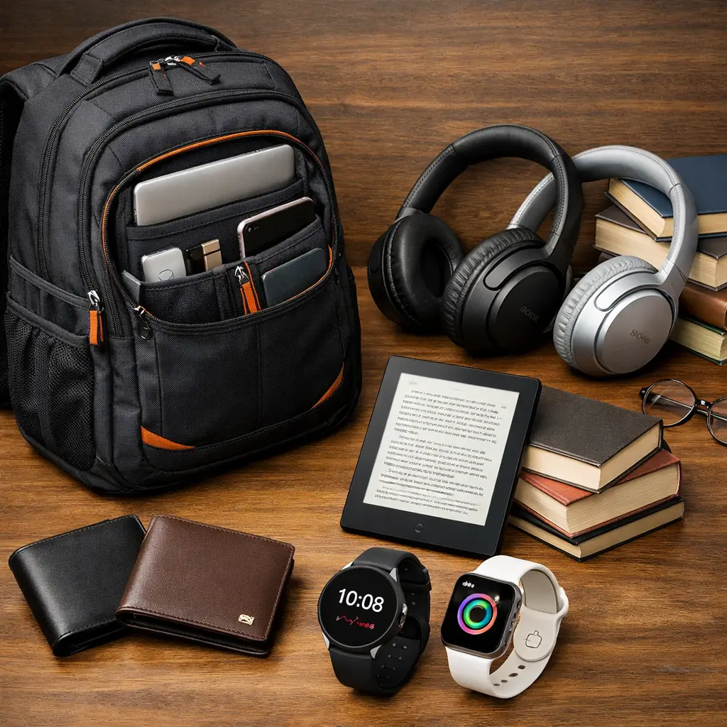 남성 졸업 입학 선물 추천 항목인 가방, 헤드폰, 전자책 리더기, 지갑, 애플워치등이 놓여져 있다