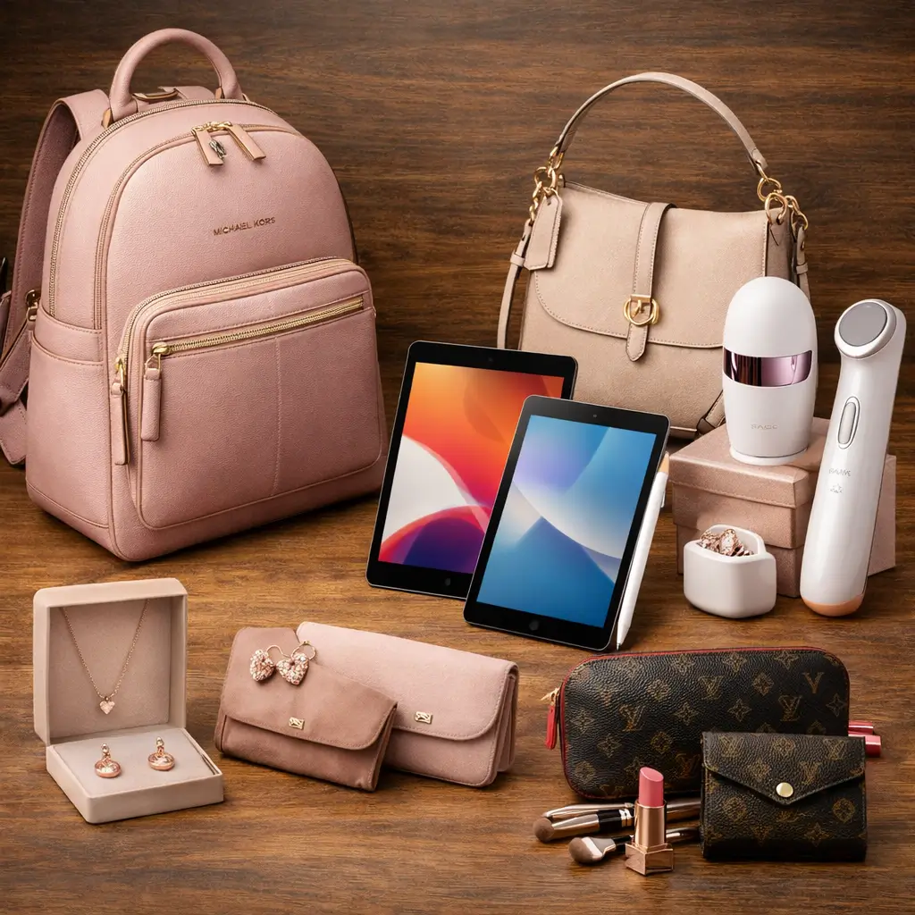 여성 졸업 입학 선물 추천 항목인 토트백팩, 태블릿, 뷰티디바이스, 주얼리등이 놓여져 있다