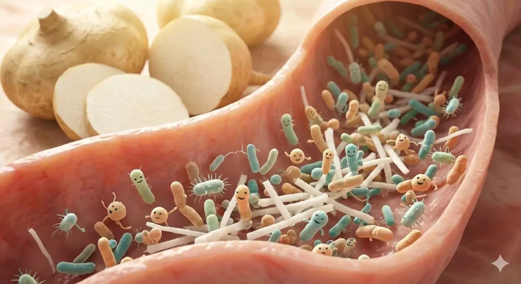 장 내부에 프리바이오틱스가 지나가는 모습을 재미있게 표현한 모습