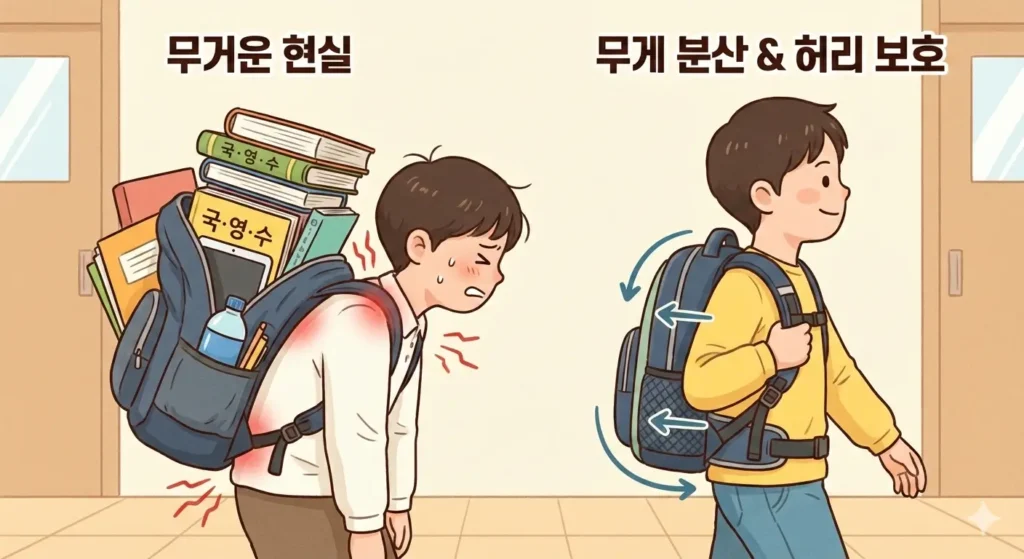 가방을 무겁게 메는 학생과 가볍게 메는 학생의 비교 그림