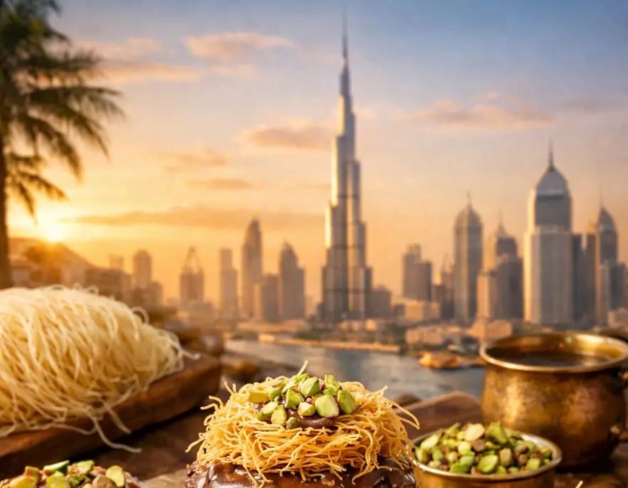 두바이 빌딩을 배경으로 카다이프 면을 접시에 담은 모습