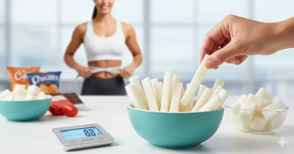 히카마를 조각으로 담은 그릇에서 하나 집는 모습