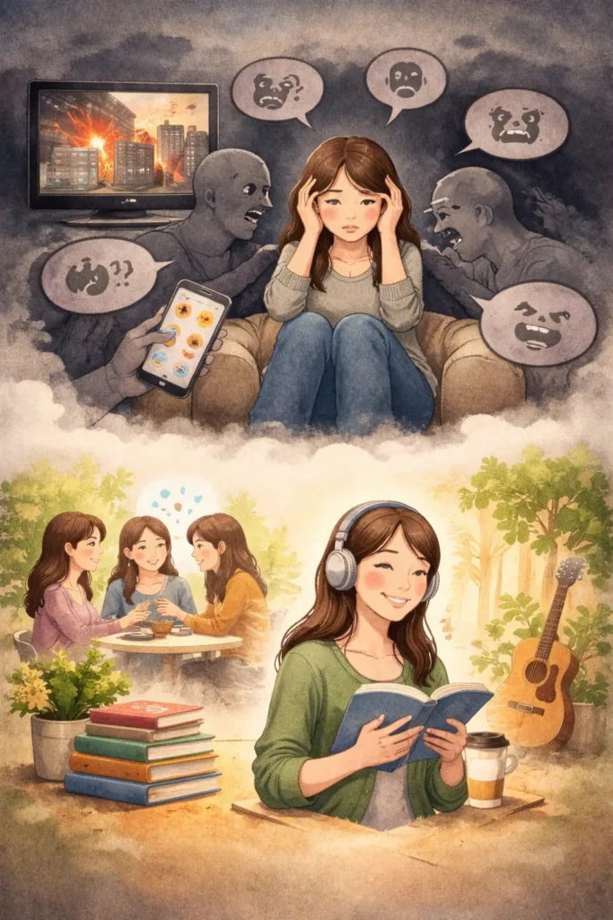 부정적인 소리를 듣는모습과 긍정적인 소리를 듣는 대조적인 모습