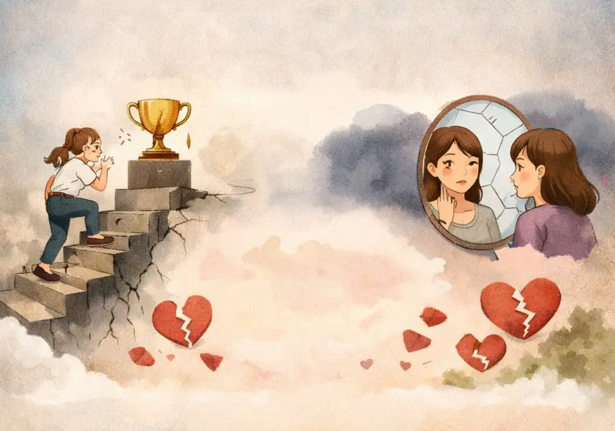 목표를 향해 힘겹게 계단을 오르고 거울을 보면서 완벽하길 바라는 사람