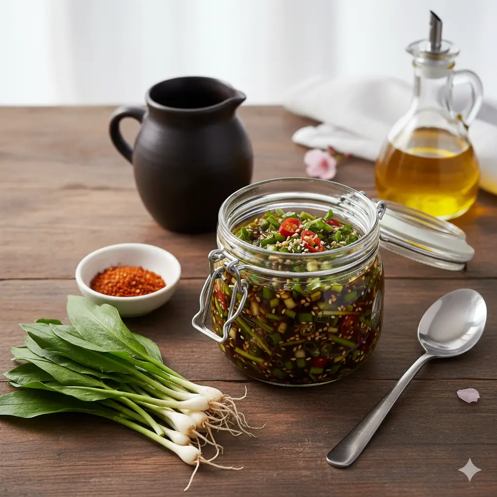 유리용기에 맛스럽게 달래장을 담은 모습