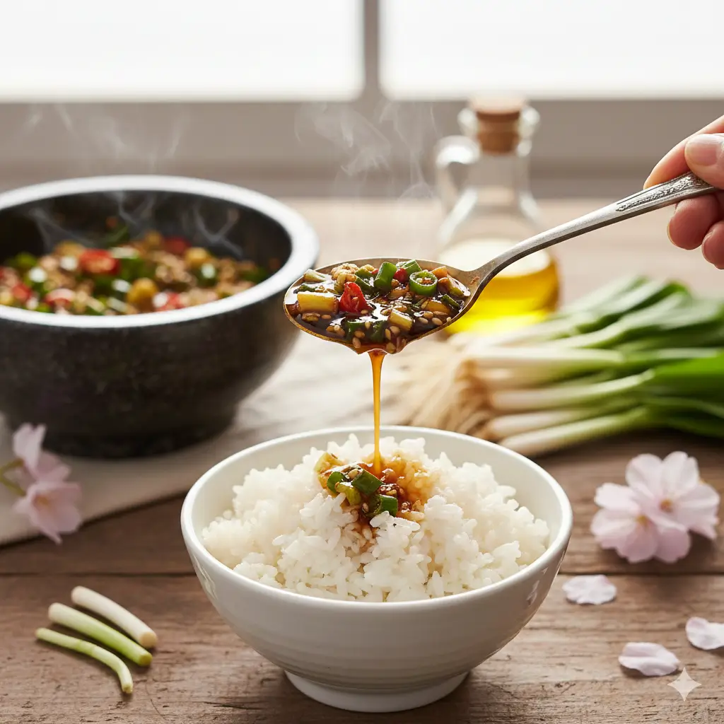 달래장 추천 - 공기밥 위에 달래장을 한숟갈 넣는 모습