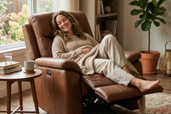 1인용 리클라이너 쇼파에 앉아 편안하게 휴식하는 모습과 추천 TOP 5 제품 비교 이미지