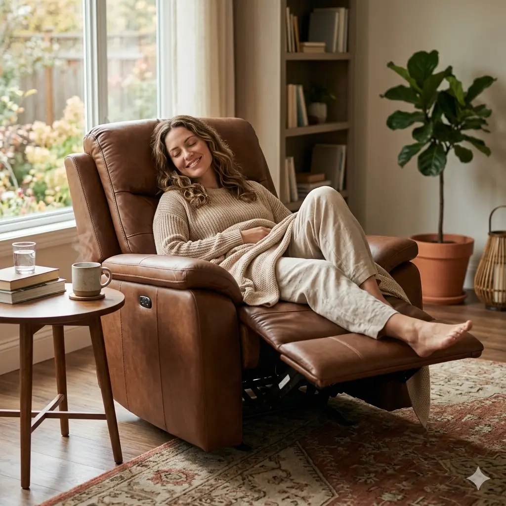 1인용 리클라이너 쇼파에 앉아 편안하게 휴식하는 모습과 추천 TOP 5 제품 비교 이미지