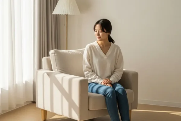 창가 옆 아늑한 거실에 배치된 베이지색 1인용 패브릭 소파와 작은 사이드 테이블이 있는 인테리어 모습