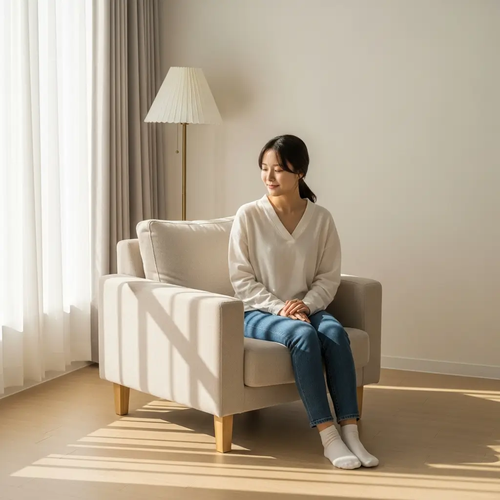 창가 옆 아늑한 거실에 배치된 베이지색 1인용 패브릭 소파와 작은 사이드 테이블이 있는 인테리어 모습