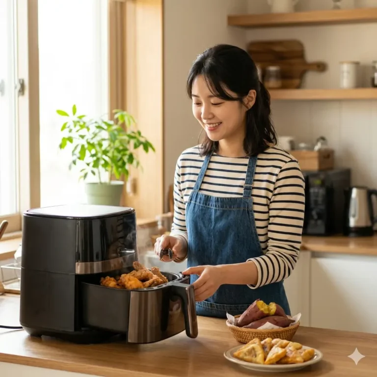 에어프라이어에 조리된 요리가 함께 있는 여성의 모습
