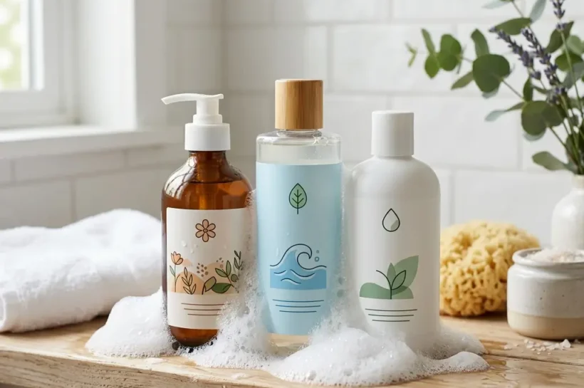 2026년 인기 바디워시 추천 제품이 욕실 선반에 나란히 놓여 있는 모습과 풍성하고 촉촉한 거품 이미지