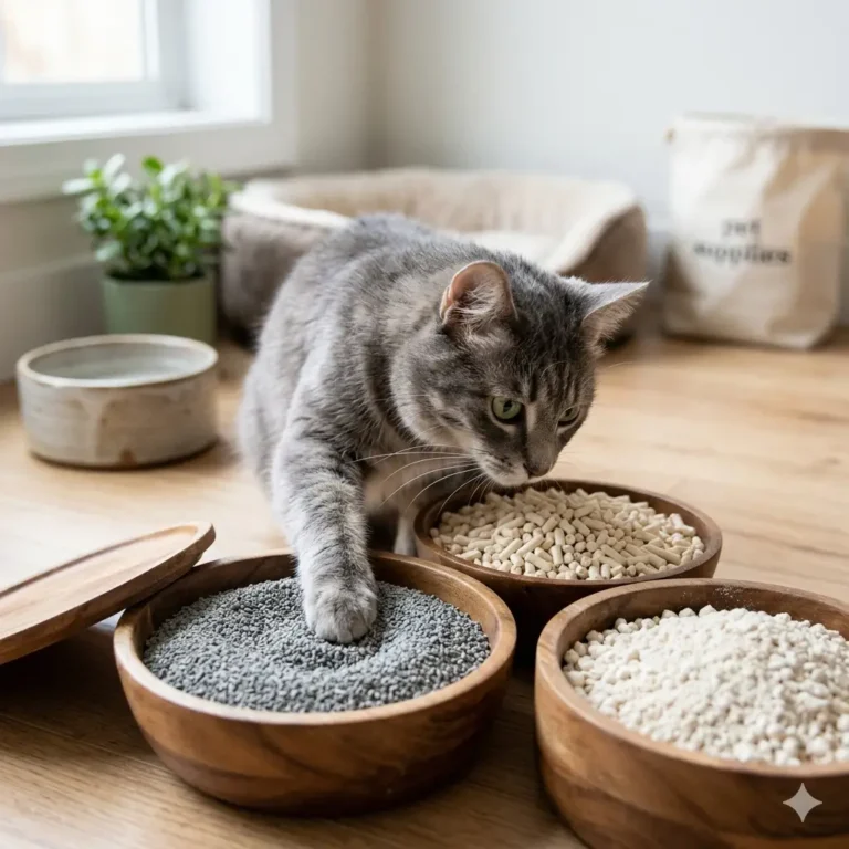 다양한 종류의 고양이 모래(벤토나이트, 두부, 카사바)가 담긴 화장실과 귀여운 고양이가 있는 고양이 모래 추천 가이드 대표 이미지