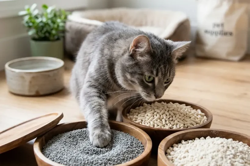 다양한 종류의 고양이 모래(벤토나이트, 두부, 카사바)가 담긴 화장실과 귀여운 고양이가 있는 고양이 모래 추천 가이드 대표 이미지