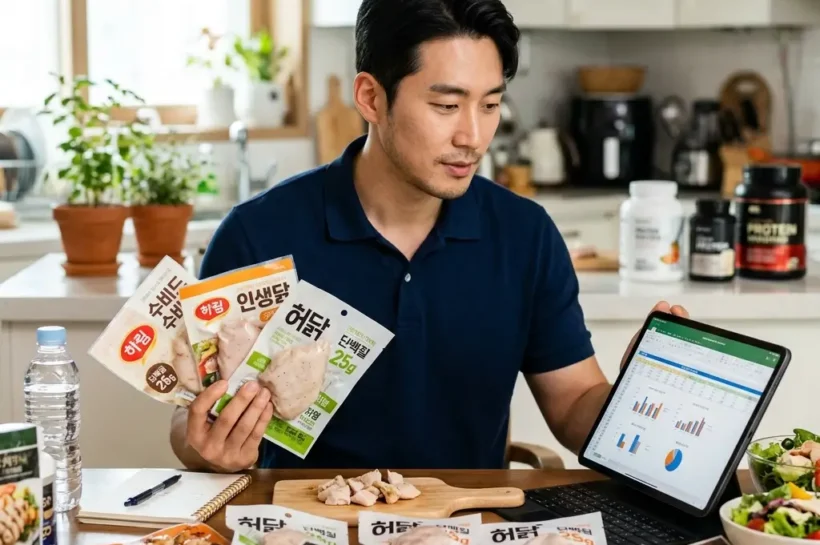 다양한 브랜드의 닭가슴살 제품군과 단백질 함량 영양 성분 비교표가 포함된 다이어트 식단 이미지