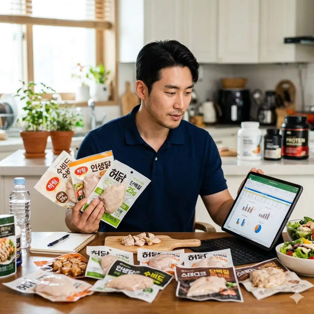 다양한 브랜드의 닭가슴살 제품군과 단백질 함량 영양 성분 비교표가 포함된 다이어트 식단 이미지