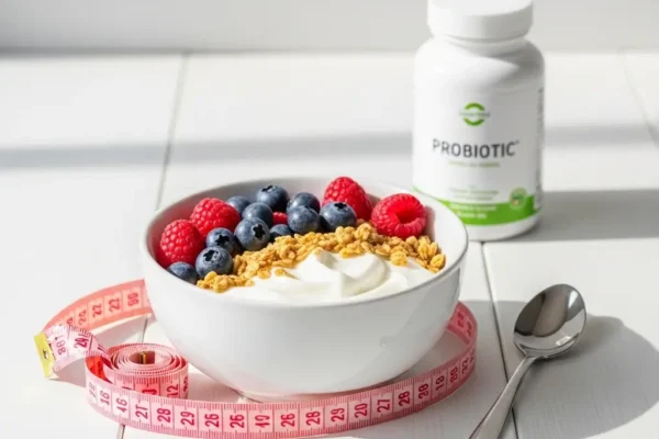 다이어트 유산균과 시리얼이 놓여져있는 식탁