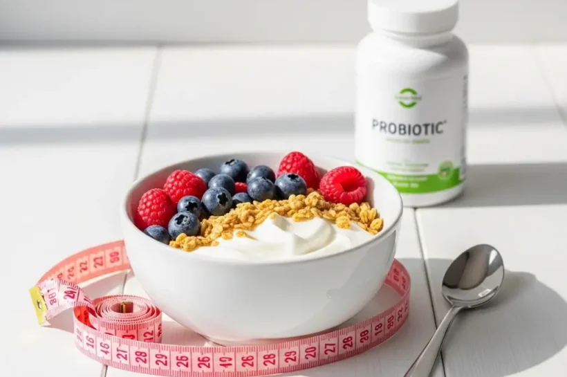 다이어트 유산균과 시리얼이 놓여져있는 식탁