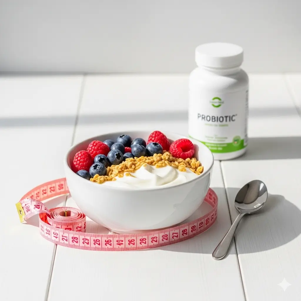 다이어트 유산균과 시리얼이 놓여져있는 식탁