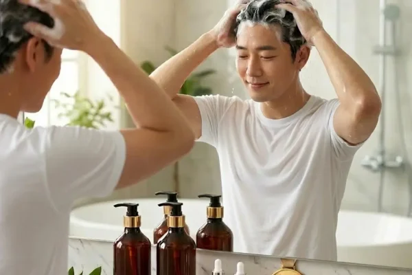 탈모 샴푸로 머리를 감는 남성의 이미지