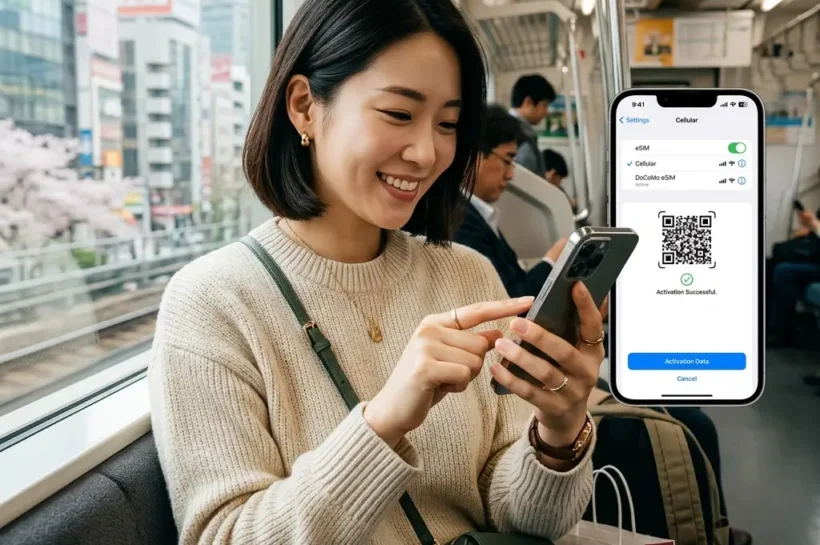 현대적이고 세련된 스타일의 여성 여행자 실루엣을 중앙 우측에 배치했습니다. 스마트폰을 들고 있는 모습으로 eSIM 서비스의 직관적인 이미지를 전달합니다.