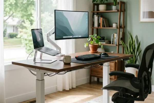 화이트 톤의 깔끔한 방에 설치된 듀얼 모터 전동 모션데스크와 듀얼 모니터 암이 설치된 데스크테리어 모습