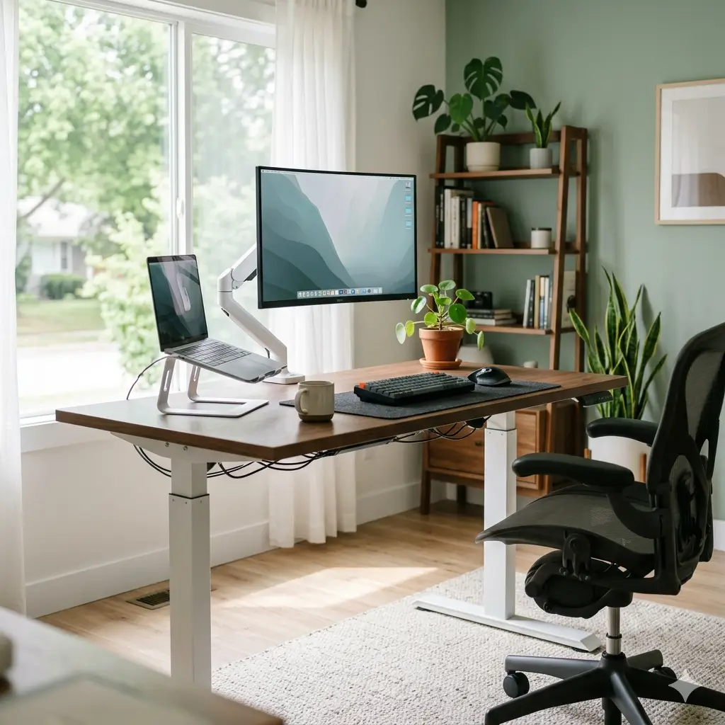 화이트 톤의 깔끔한 방에 설치된 듀얼 모터 전동 모션데스크와 듀얼 모니터 암이 설치된 데스크테리어 모습