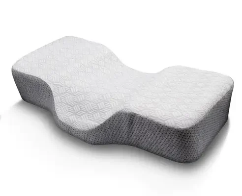 어두운 배경 속에서 푸른 조명이 3D 인체공학적 C컬 곡선을 따라 흐르며 압도적인 기술력을 강조하는 프리미엄 경추베개 이미지