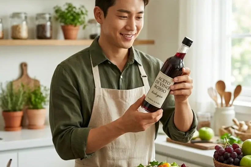 세련된 주방에서 한국인 남성이 레드와인비니거 유리병을 들고 샐러드에 드레싱을 곁들이며 미소 짓는 모습