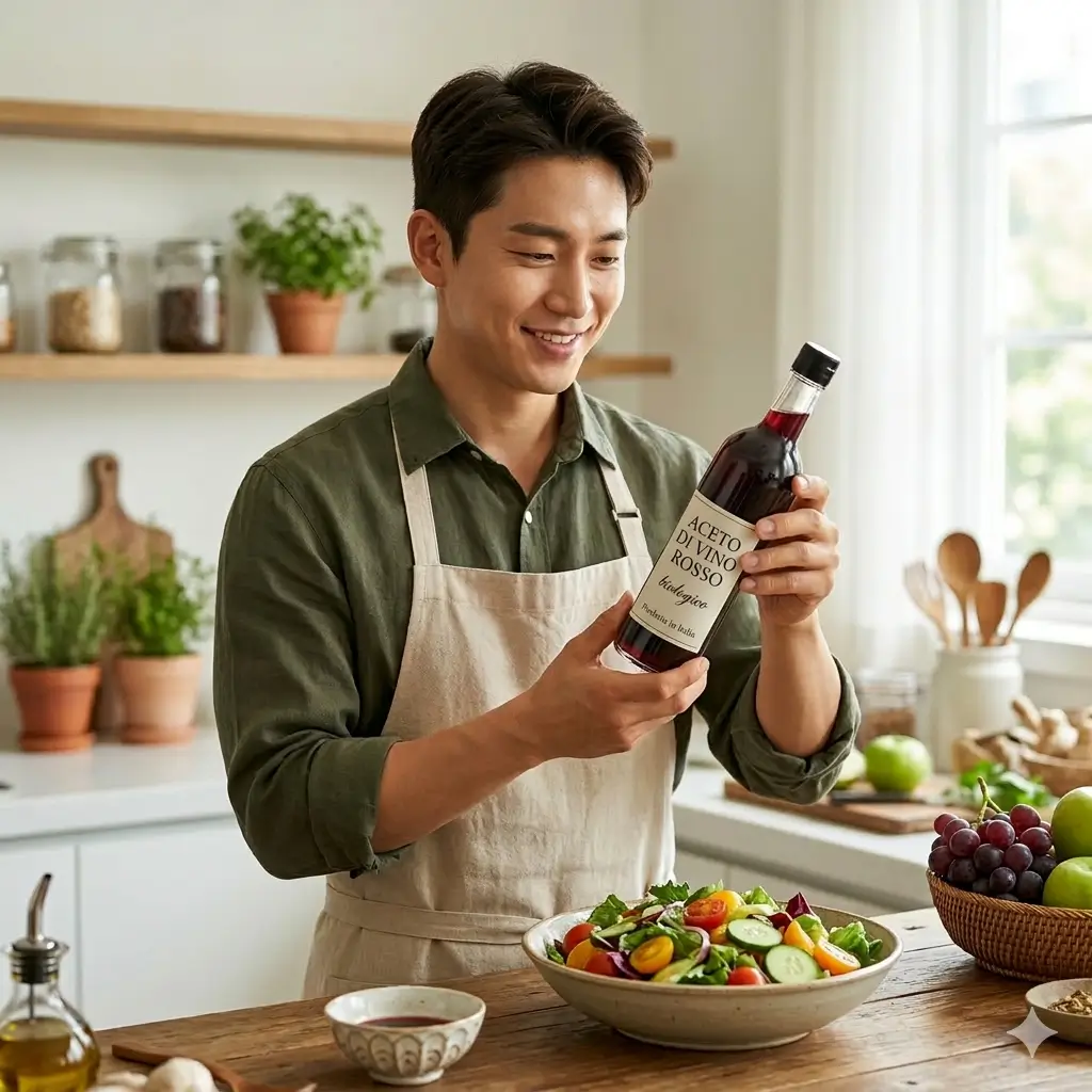 세련된 주방에서 한국인 남성이 레드와인비니거 유리병을 들고 샐러드에 드레싱을 곁들이며 미소 짓는 모습