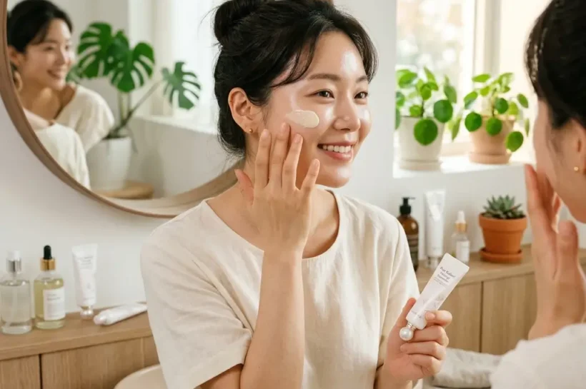 자연스러운 피부 톤 보정 효과를 보여주는 톤업 선크림 제형과 화사해진 손등 비교 사진